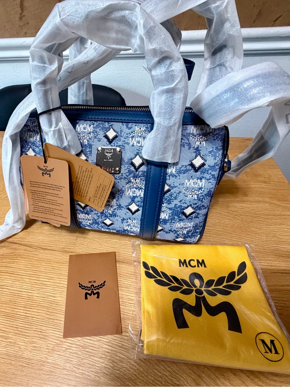 MCM Blue Visetos Jacquard Boston Bag Small w/ Strap & Dust Bag